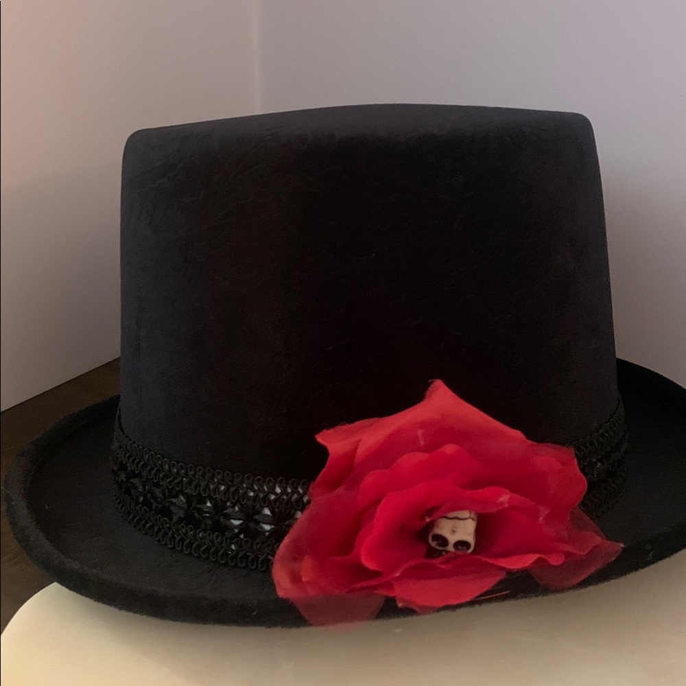 Unisex Black Top Hat with Red Flower/Skull Accent
